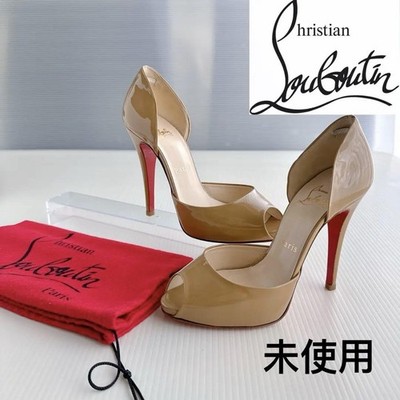 Christian Louboutin Open Toe Pumps Beige Patent Leather 12cm Heel