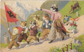 CPA FANTAISIE : CHATS HUMANISES DEFILES EN MUSIQUE