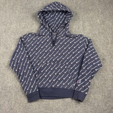 Champion Reverse Weave Hoodie Mens Medium Navy All Over Script Logo WL757P