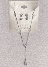 Silver Tone NEW Clear Crystal Rhinestone Necklace  Drop Earrings Set Round Pear