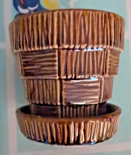 Vintage Brown McCoy Flower Planter Basket Weave Pattern w Attached Saucer 3.25"