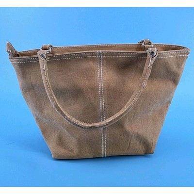 Tan Suede Tote Bag Contrast Stitching Zip Top Small Handbag Brown