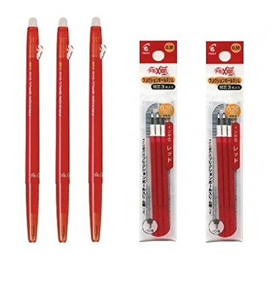 Pilot FriXion Ball Slim 038 Erasable Gel Ink Pen Set 3 Pens 6 Refills Red Ink