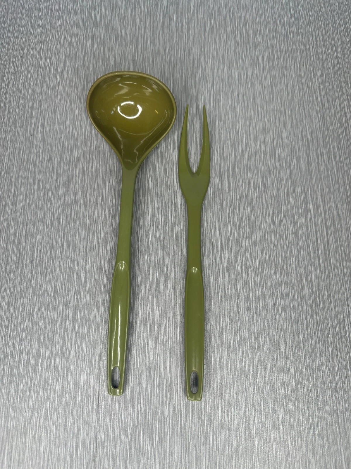 Vintage Foley Nylon Ladle & Fork Olive Green Retro MCM Kitchen Serving Utensils - product detail image 1