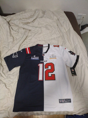 BRAND NEW! #12 TOM BRADY DUAL SUPER BOWL PATRIOTS BUCCANEERS SPLIT SEWN JERSEY