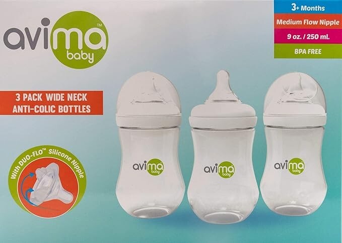 Avima Anti Colic Baby Bottles BPA Wide Neck Medium Flow Nipples