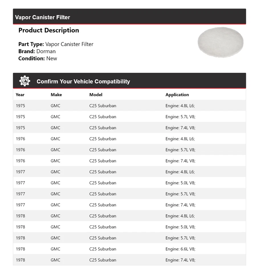 Filtro de bote de vapor para GMC C25 Suburban Dorman 1975-1978 1976 1977 Foto 2 de 4