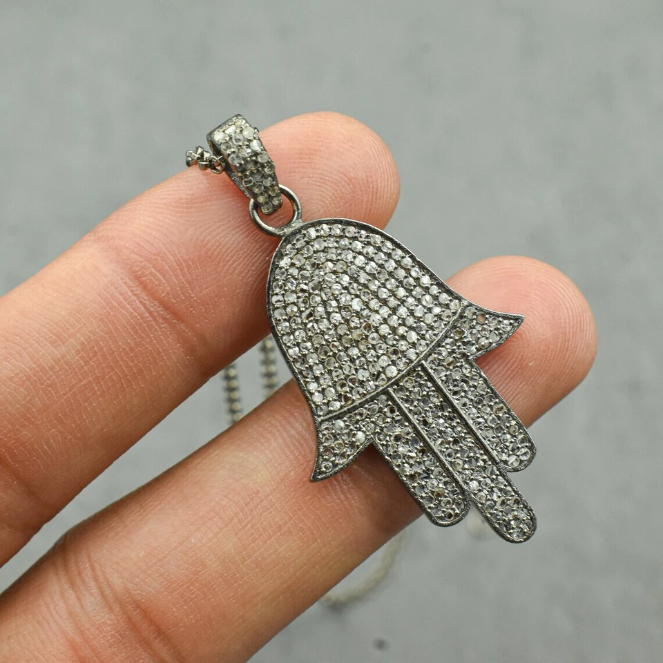 Collar colgante de diamantes pavé a mano Hamsa, colgante con dije, plata de ley 925, regalo Foto 2 de 4