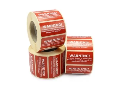 CDM LABELS Polythene Bags - Warning! Danger Of Suffocation Safety / Warning Labels 50x25mm