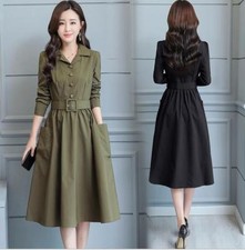 Women's Long Sleeve Elegant Trench Dress Pockets Lapel Waist Belt Casual Skirts