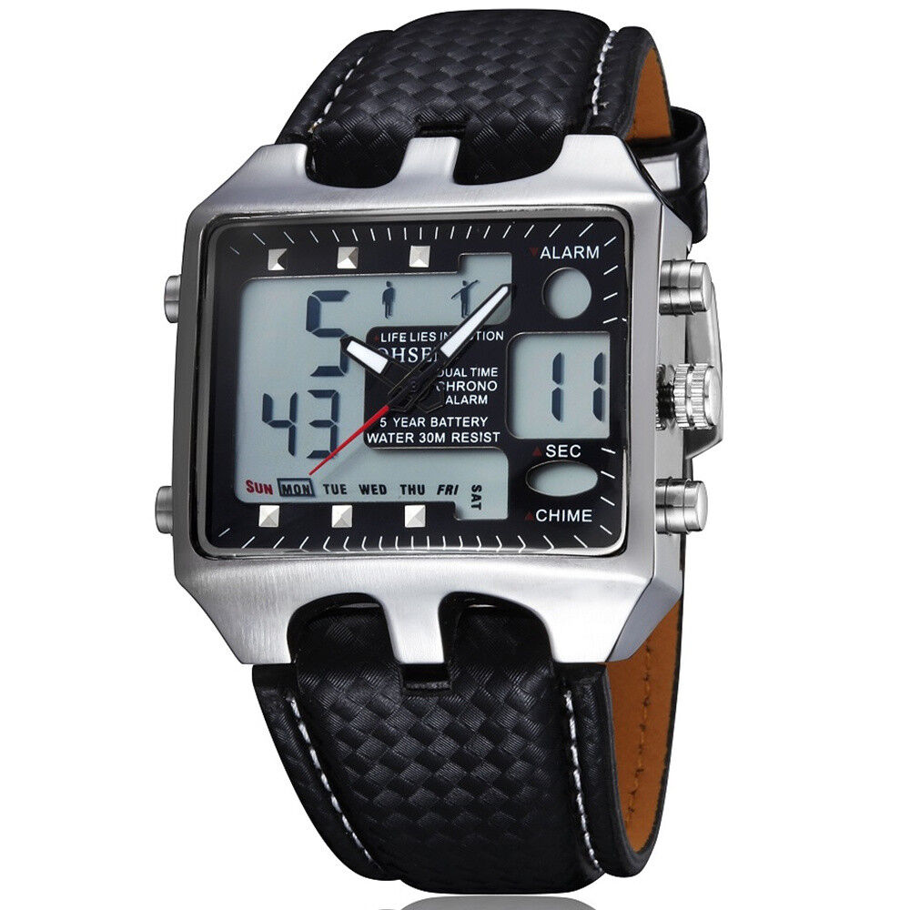 OHSEN Men Sport Digital Watches Leather Strap Analog Quartz Rectangle Wristwatch
