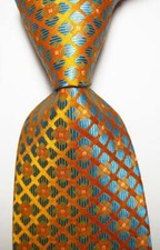 New Classic Checks Gold Orange Blue JACQUARD WOVEN Silk Men's Tie Necktie