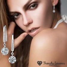 Round Drop Dangle Crystal Statement Earrings 925 Sterling Silver Wedding Gift