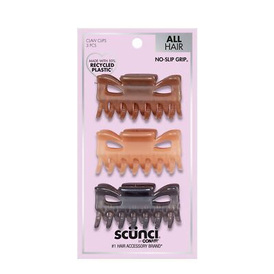 Scunci No-Slip Grip All Hair Recycled Claw Clips, Neutral Colors, 3-Pieces