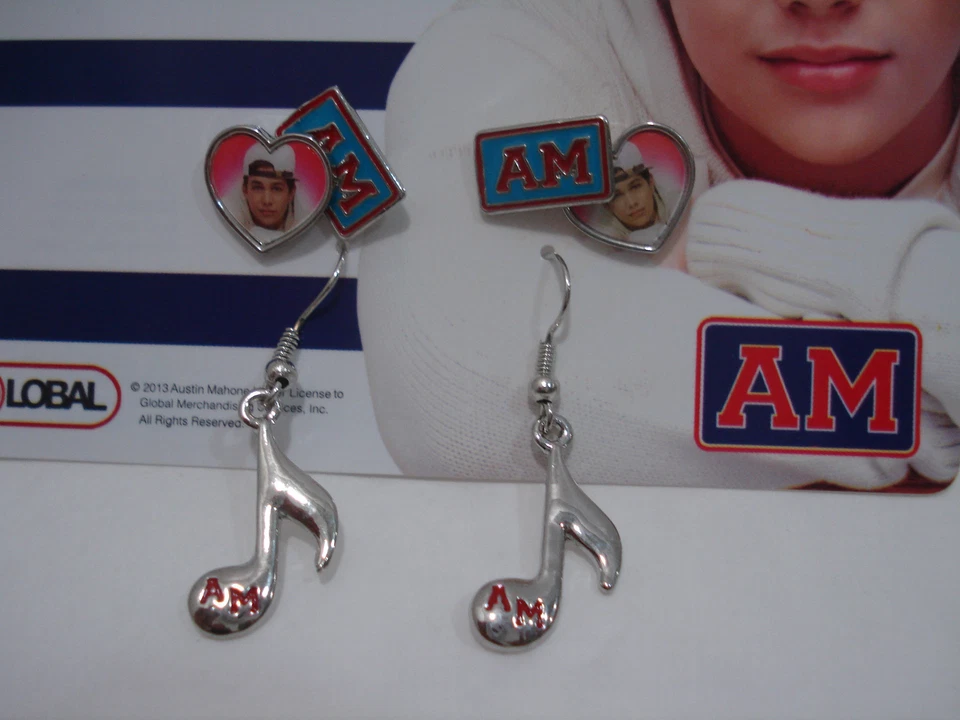 Austin Mahone Stud & Drop Earrings Set of 3 Heart Shaped Rectangle Music Note AM - Image 3 of 4
