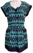Gap Size S Aztec Print Dress Teal Navy Blue Elastic Waist Rope Tie Front Pockets