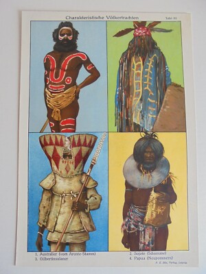 F. E. Bilz Verlag - Tafel 3 III Charakteristische Völkertrachten Australier etc.