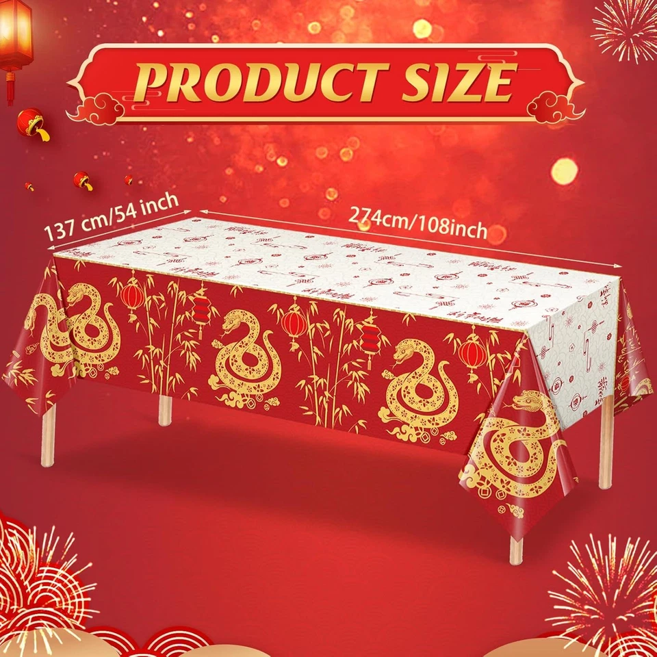 3 piezas manteles de plástico decoraciones año nuevo chino 2025 54x108 pulgadas oro rojo Foto 3 de 4