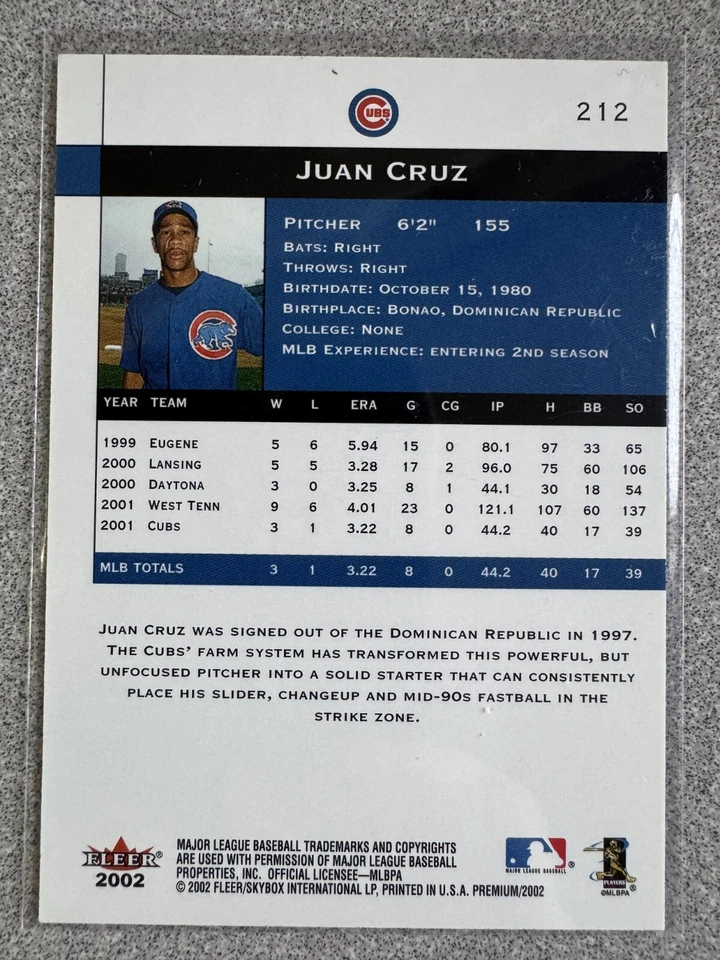 2002 Fleer Premium Juan Cruz Premium Prospects Rookie Card #212 Chicago Cubs - Image 2 of 2
