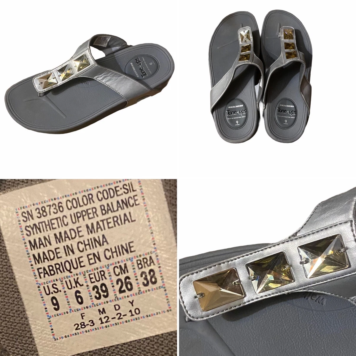 SKECHERS TONE UPS Size 6 39 Silver Jewelled SANDALS MULES Womens