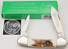 Vintage HEN & ROOSTER BERTRAM GERMANY 352-DS Canoe Knife - Stag Handles - MINT