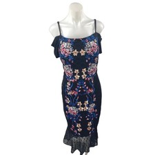 NEW Guess Black Floral Off The Shoulder Lace Ruffle Midi Bodycon Dress Size 14