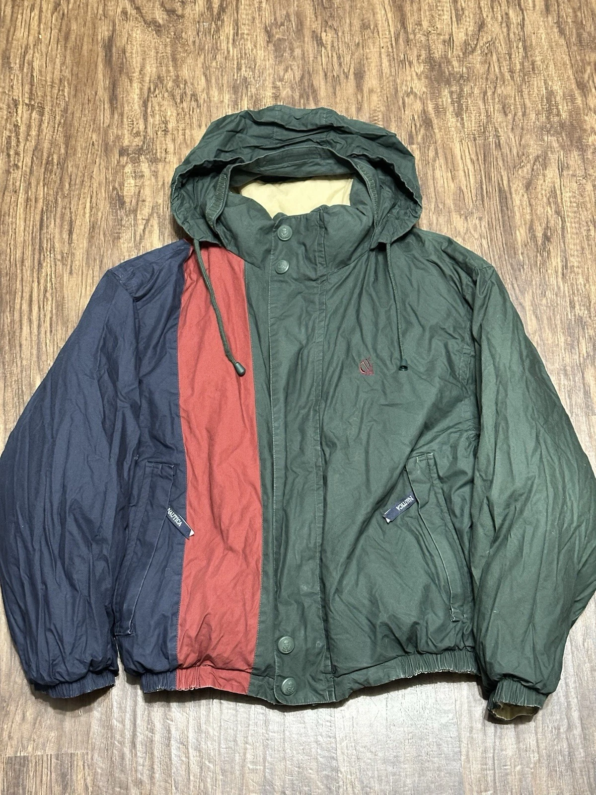 Vintage 90’s Nautica Puffer Reversible Zip Down Green Striped Jacket Size L