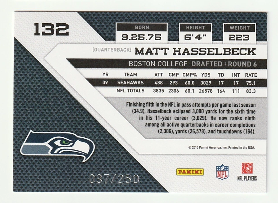 2010 Panini Threads Matt Hasselbeck #132 Silver Century Proof /250 Seahawks - Image 2 of 2