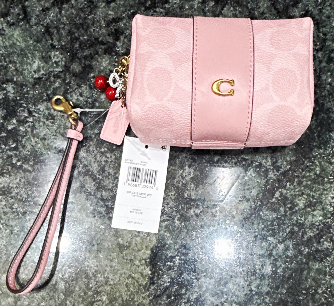 Coach Pink Signature Canvas/Leather Coin Wallet Wristlet Zip Cherry Charm
