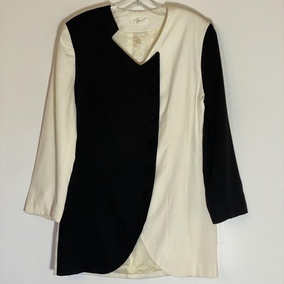 Apart Blazer Womens 10 Black White Colorblock Asymmetrical Button Longline