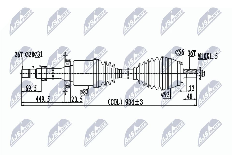 NTY Drive Shaft NPW-VV-133 for Volvo Front Axle Right 26/36 934 mm