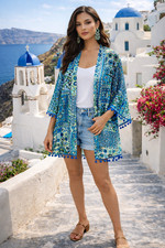 Umgee Kimono Womens Size Small/Medium Blue Printed Open Front Pom Tassel Boho