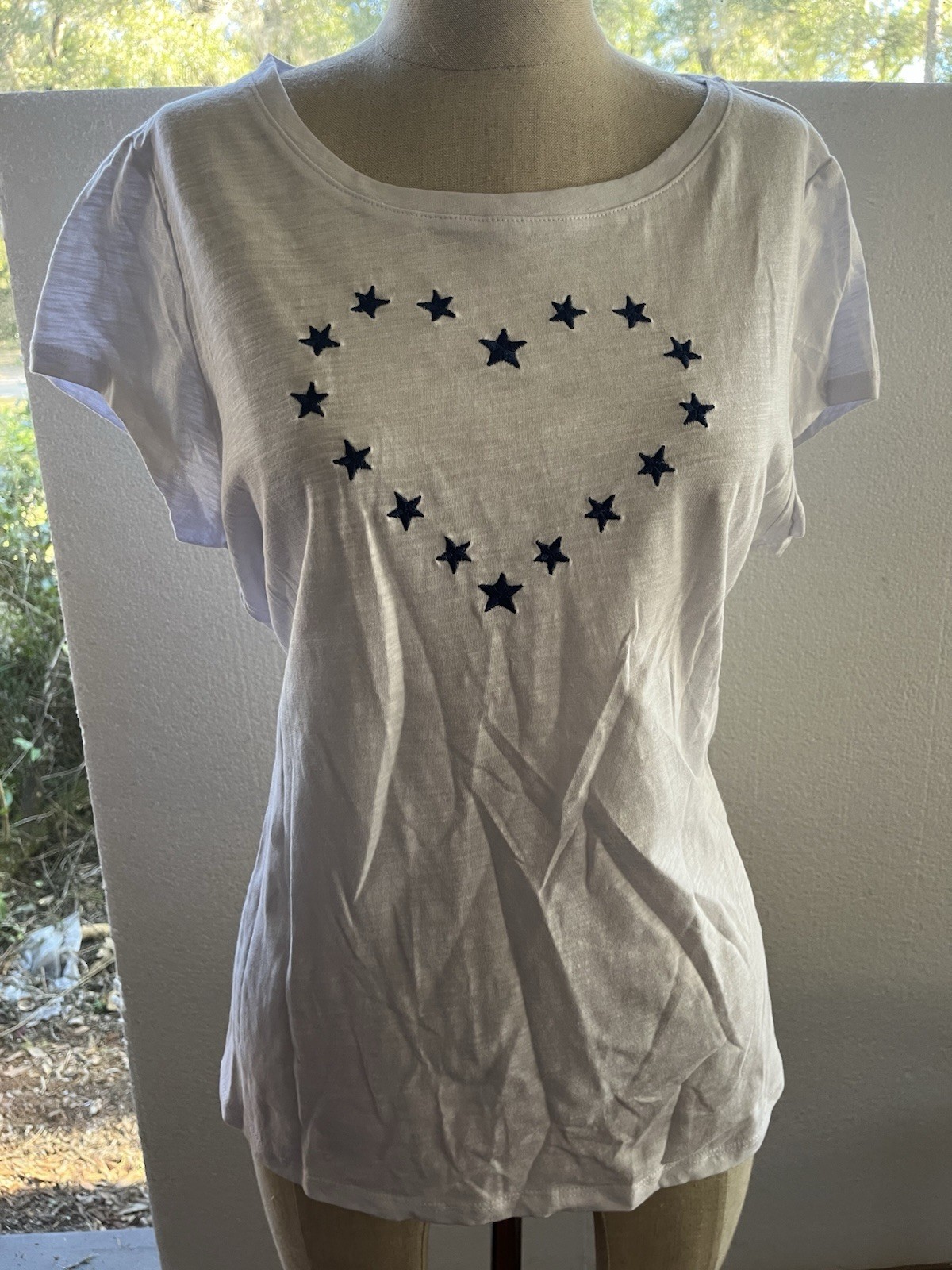 Cynthia Rowley Heart Star T Shirt Size Large White T Shirt With Navy Blue Stars
