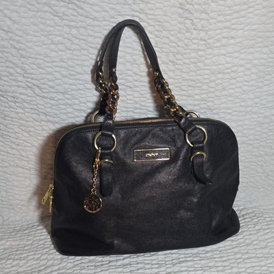 DKNY Black Satchel/Top Handle Bag Zip Closure Chain Handles Gold Hardware Charm