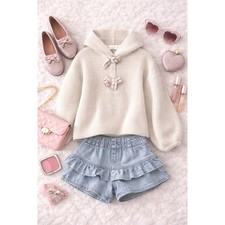 ZARA Baby Girls Knit Hooded Ribbed Sweater Checkered Bow Accent Beige Size 2  3Y