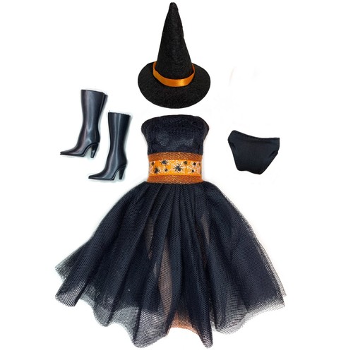 Eledoll Clothes Halloween Doll Fashion Pack Black Dress Witch Hat Boots Broom - Picture 5 of 10