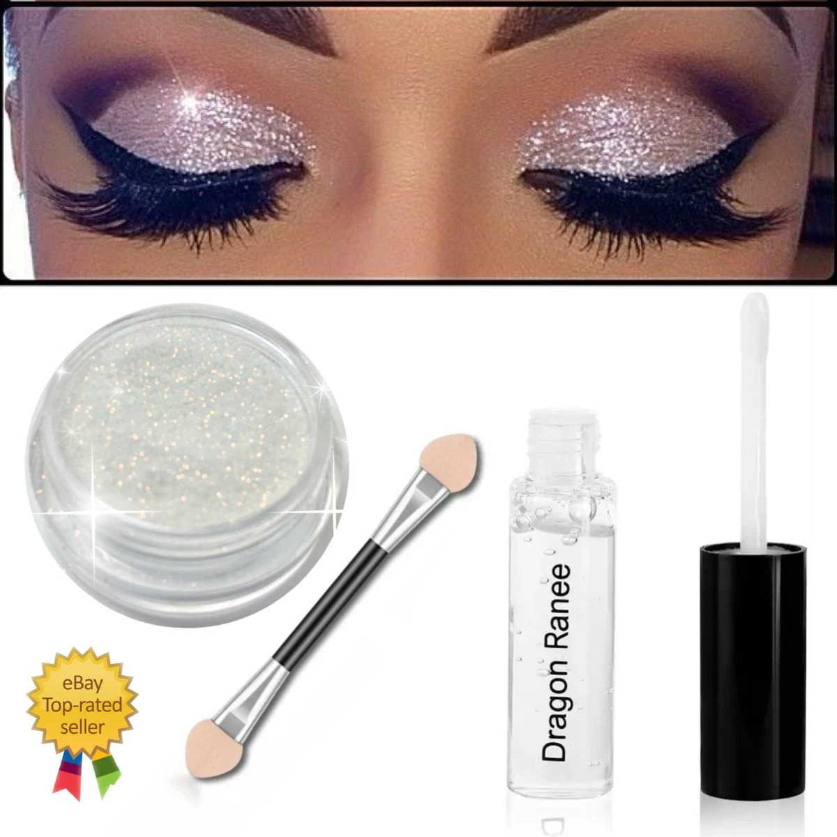 Glitter Eye Shadow White & Fix Gel PARTY Applicator Brush loose glitter  makeup