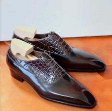 Handmade Men's Burgundy Pure Calf Leather Men Alligator Texture Oxford Shoes