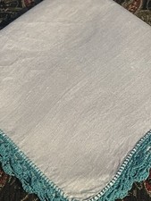 Vintage White Linen Turquoise Crochet Edge Hankie VGC
