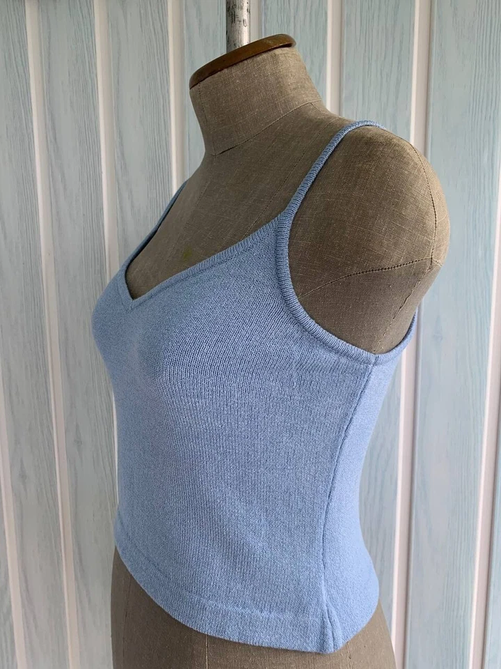 Mini regata espaguete vintage St. John EUA feminina malha azul mistura de lã tamanho 02 - Imagem 3 de 4