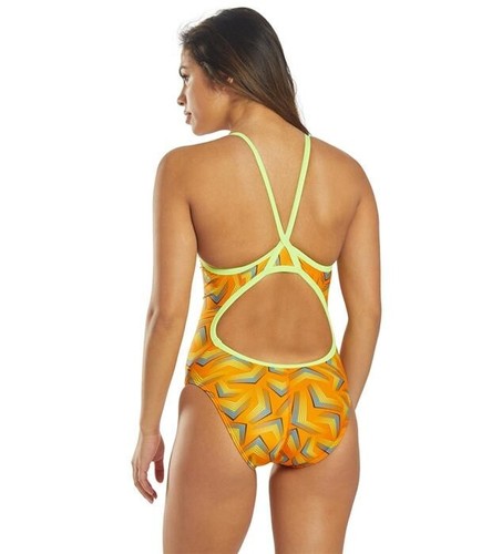 SPEEDO PLAY THE ANGLES COMPETITIVE SWIMSUIT FLYBACK RACER 22 ONE PIECE ORANGE NW - Picture 3 of 6