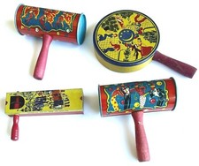 4 VINTAGE PARTY NOISE MAKERS PAT. 1928 TIN LITHO TOYS KIRCHHOF LIFE OF THE PARTY