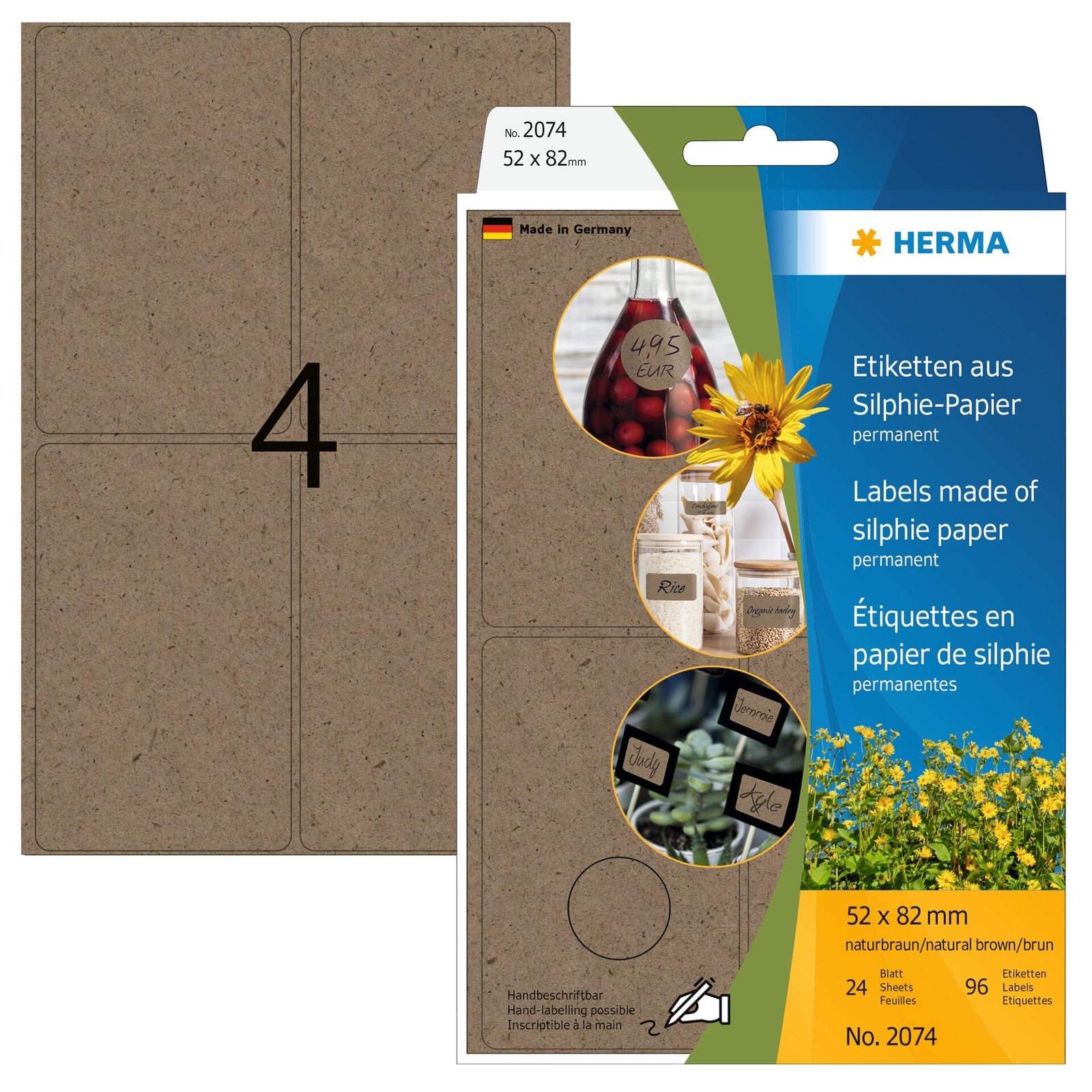 HERMA 2074 Multi-Purpose Labels, 24 Sheets, 52 x 82 mm, 4 Per Sheet, 96 Stickers