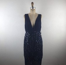 Alice + Olivia l M Navy V-Neck Pleated Plunge Bust Sequin Open Back Wiggle Dress