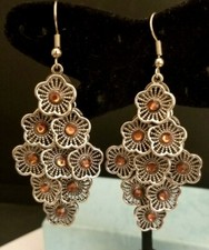 Long Dangle Drop Flower Earrings Pierced Silver tone Yellow Rhinestone Unused