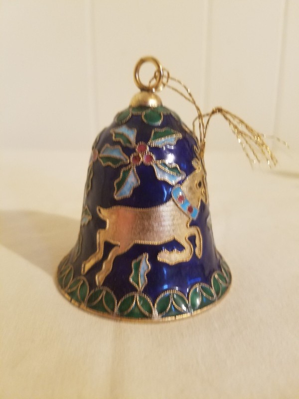 Vintage Cloisonne Enameled Ornament Bell Reindeer Holly