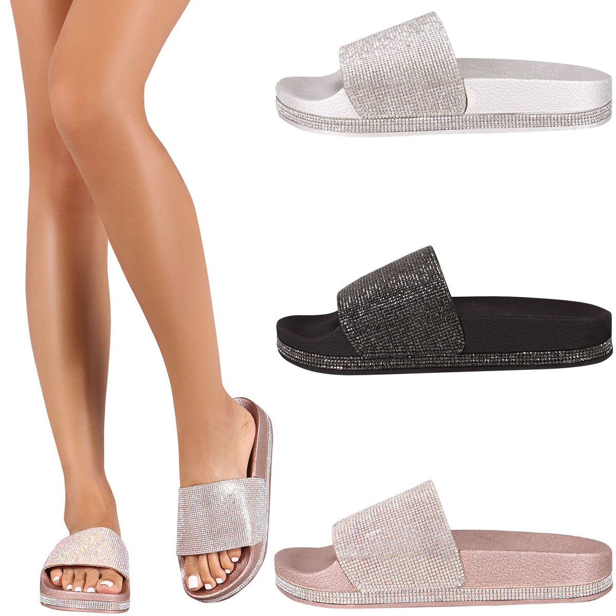 New Womens Jeweled Rhinestone Open Toe Slide Flat Sandal
