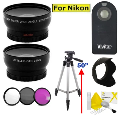 VIVITAR/XIT NIKON DSLR 52MM WIDE ANGLE LENS + ZOOM LENS + TRIPOD & HOOD KIT FOR NIKON D3100 D3200 D5100