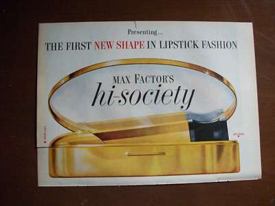 VTG 1958 Original Magazine Ad Max Factor Hi-Society Lipstick Fashion New Shape