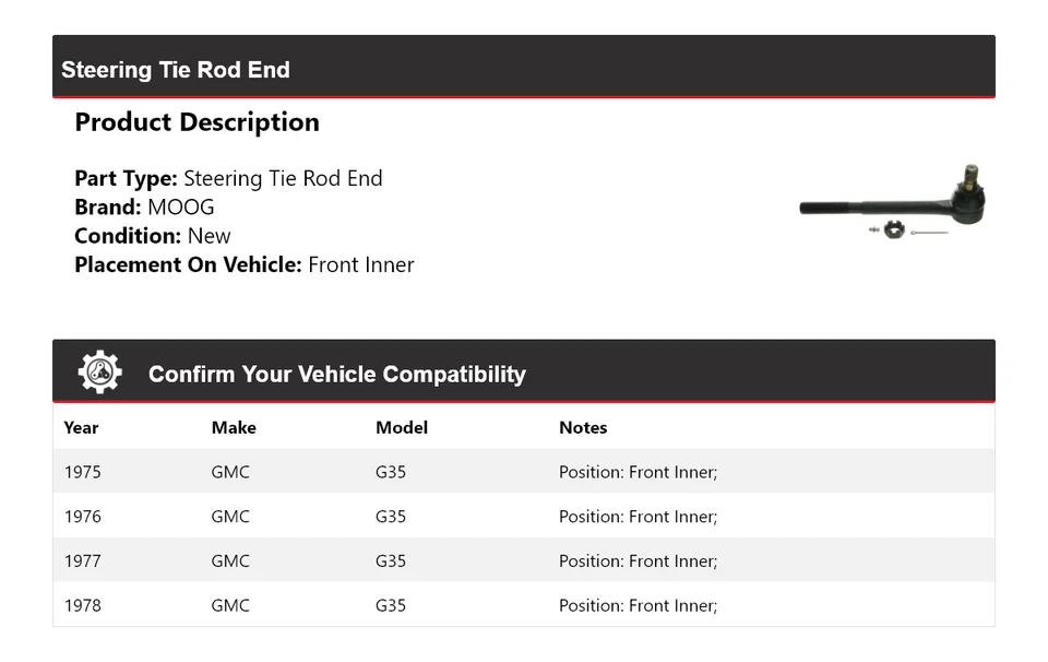 Barra de dirección interior delantera MOOG 1975-1978 GMC G35 1975-1978 1976 1977 1978 Foto 2 de 4